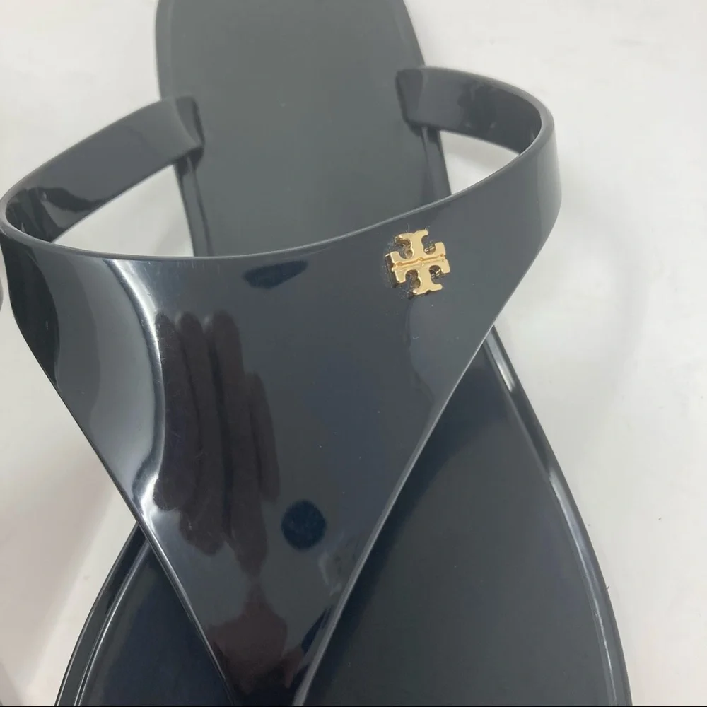 Tory Burch Black Jelly Thong Sandals with Gold Logo - Picture 5 of 7